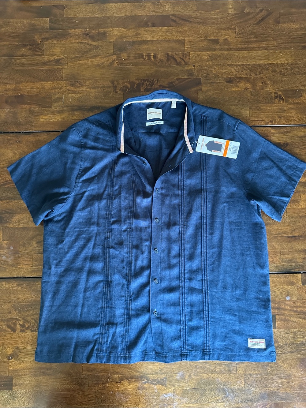 Scotch & Soda Navy Blue Havana Style Linen Blend Pleated Button Down Shirt XXL - Picture 3 of 16